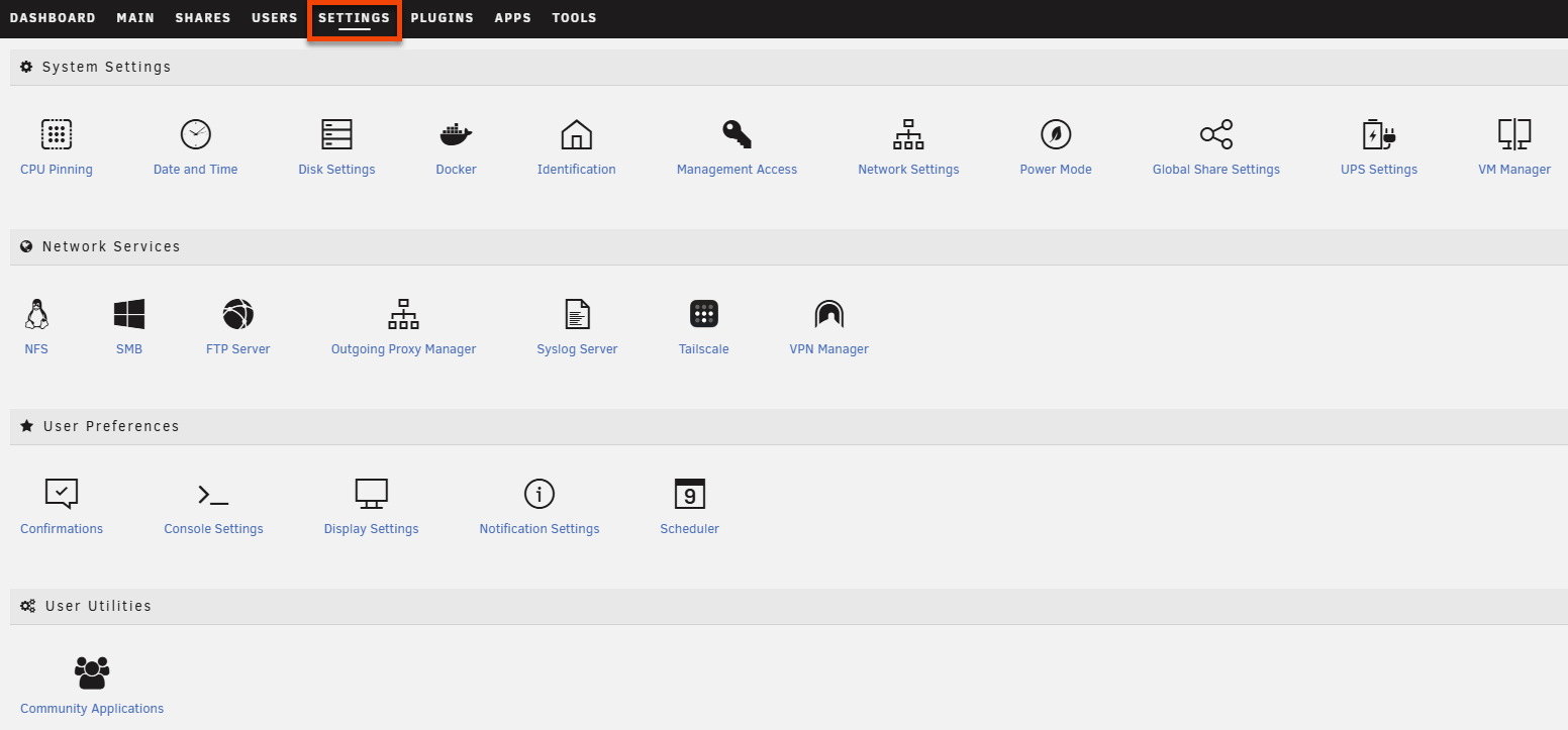 Settings tab